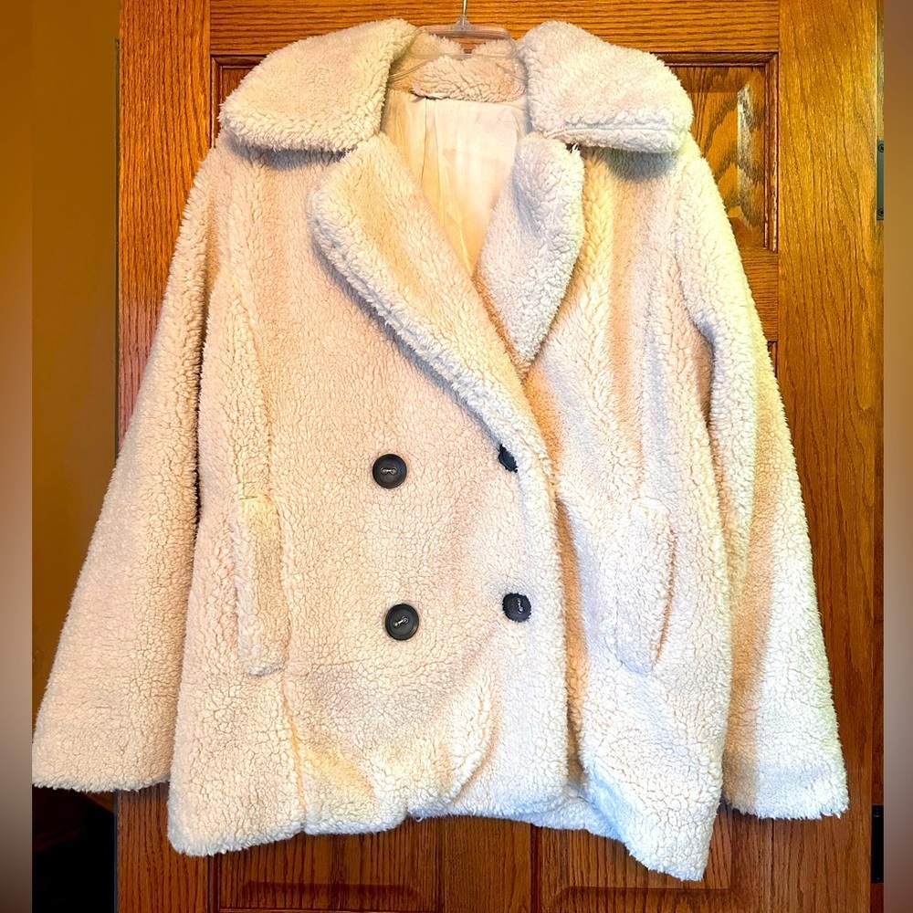 Free People Cream Double-Breasted Teddy Jacket
